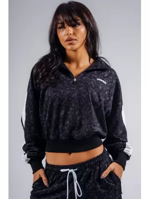 Sweatshirt mit halbem Reißverschluss und Leopardenmuster NEBBIA PRIMAL 866 SCHWARZER LEOPARD