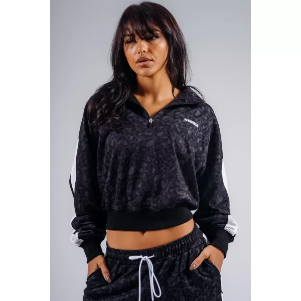  Sweatshirt mit halbem Reißverschluss und Leopardenmuster NEBBIA PRIMAL 866 SCHWARZER LEOPARD 